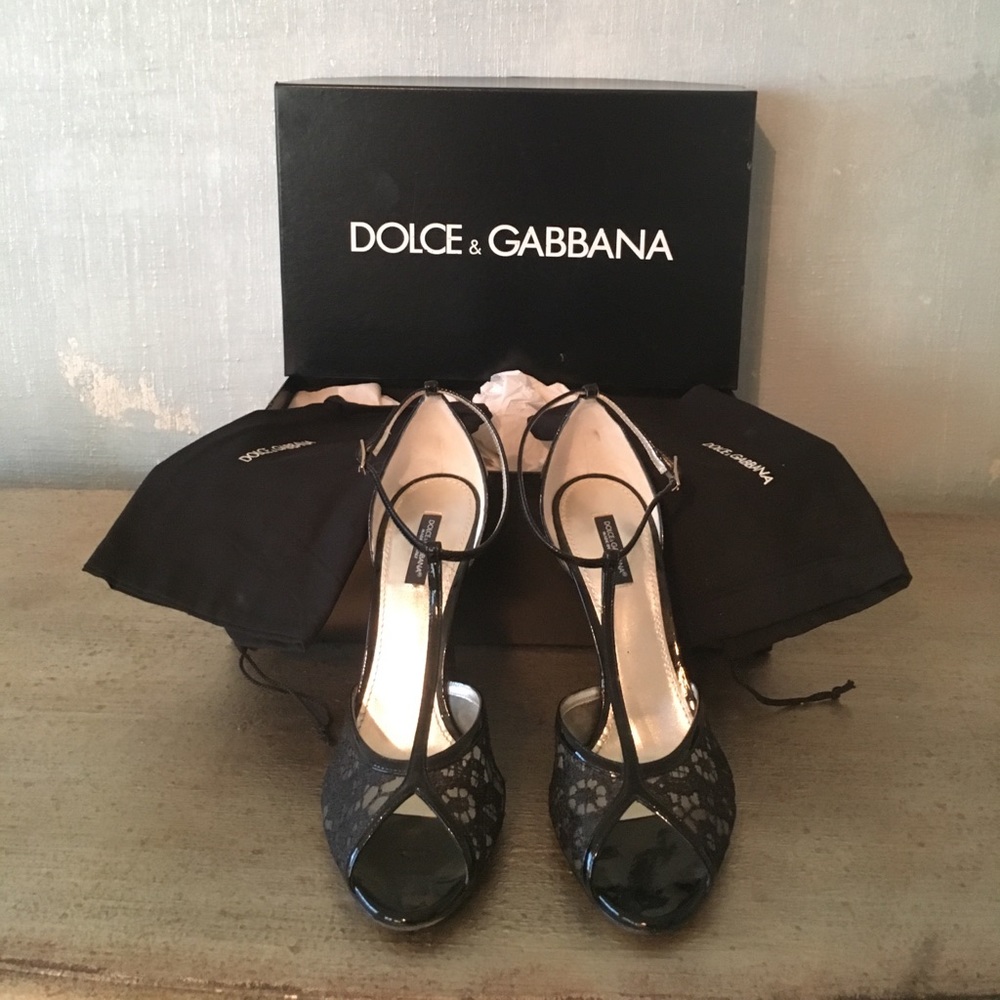 Black open toe patent leather and lace stilettos